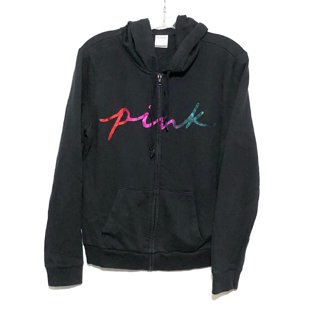 Pink Victorias Secret Zip Jacket Hoodie M Rainbow Script Ombre Glitter Bling